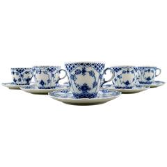 Six ensembles de tasses à café et soucoupes Royal Copenhagen bleu cannelé pleine dentelle N. 1035