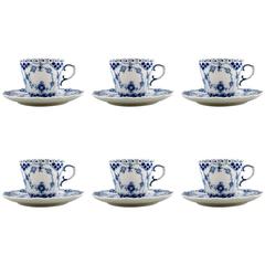 Six Sets Royal Copenhagen Blue Fluted Full Lace Coffee Cups and Saucers No. 1035