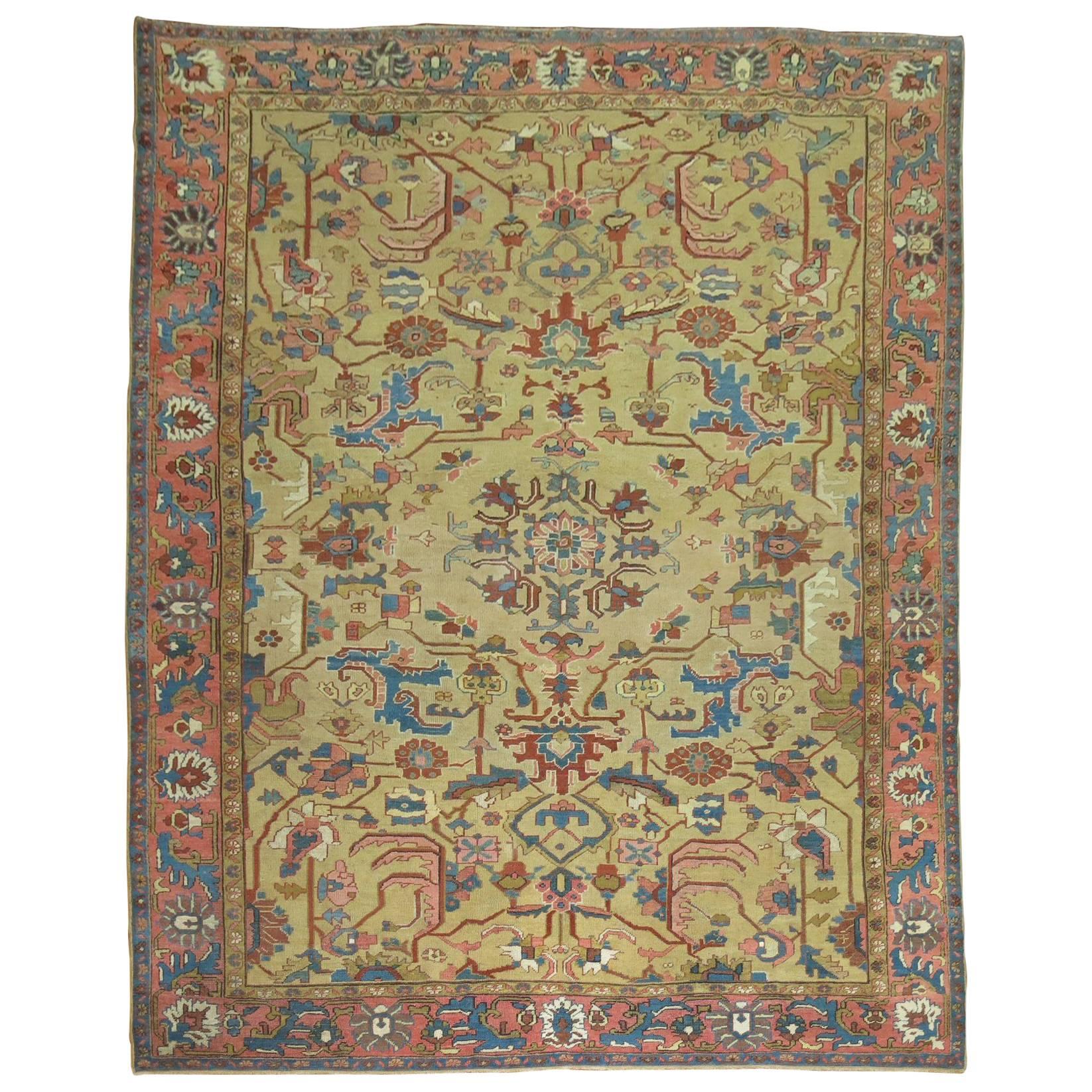 Persian Heriz Carpet with Mustard Gold Field
