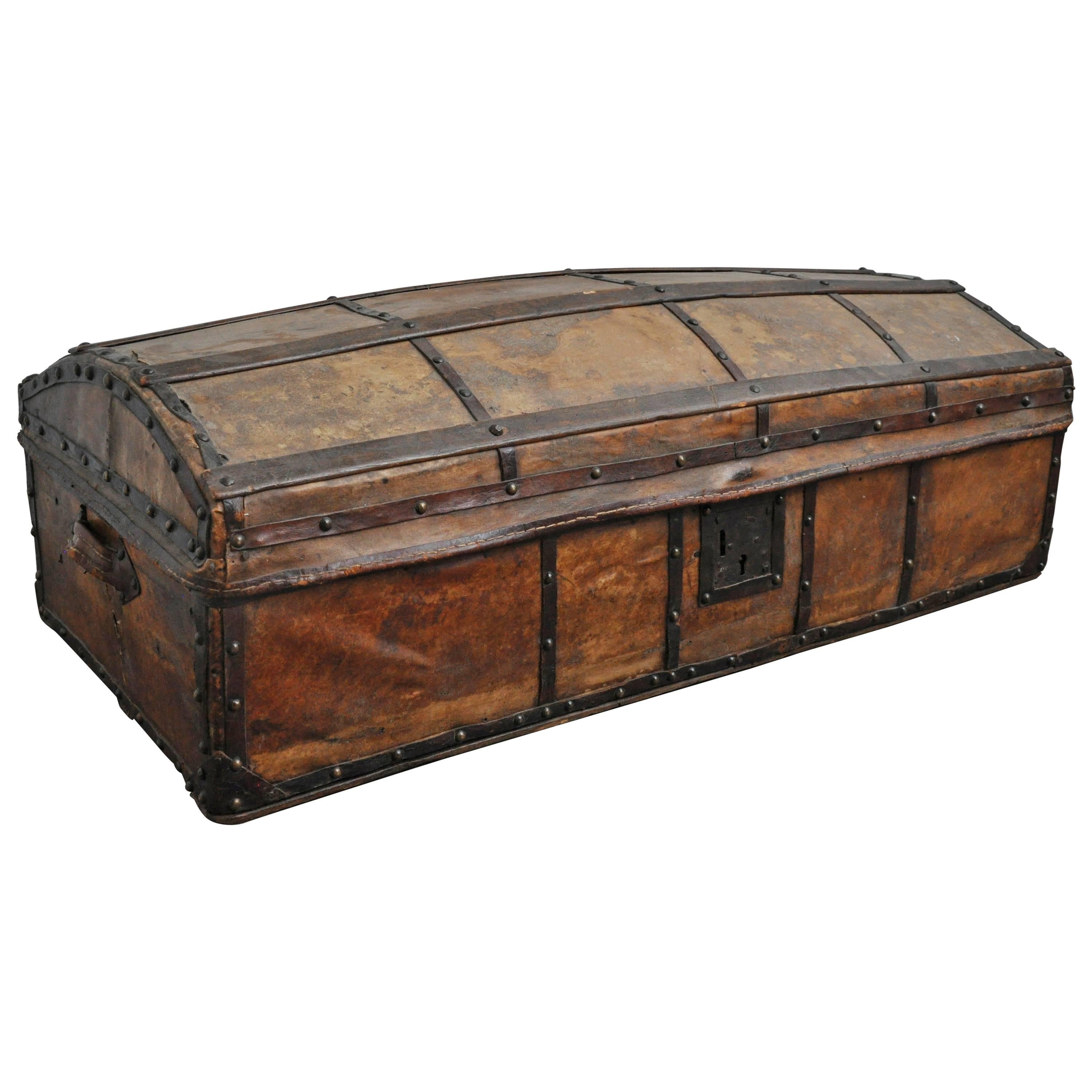 Early 20th Century Antique Spanish Parchment and Forged Iron Trunk