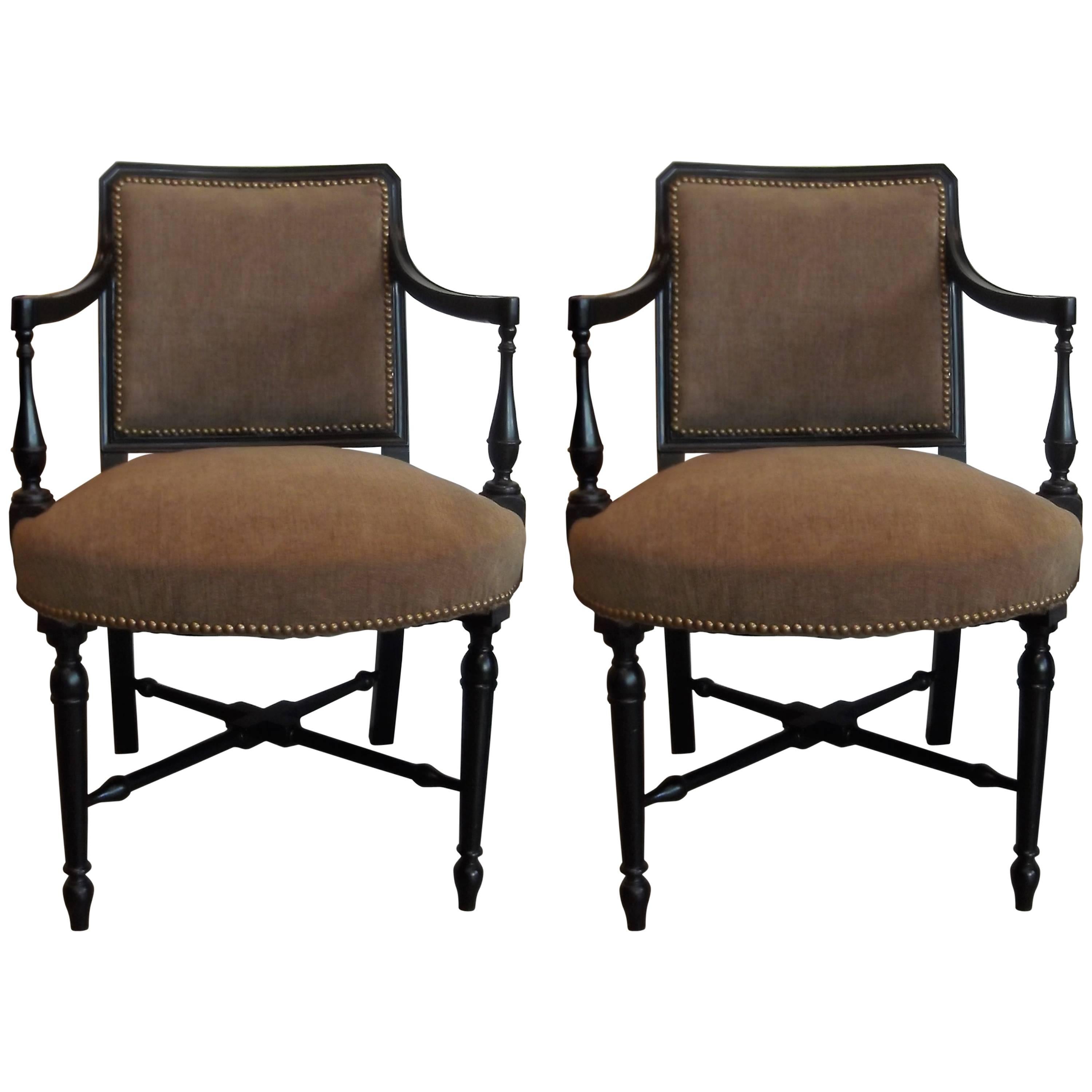 Pair of Edwardian Ebonized Upholstered Arm Chairs