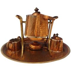 Joseph Heinrichs Copper Tea Set Arts & Crafts Tea Kettle Sugar Creamer Four-Pc 1