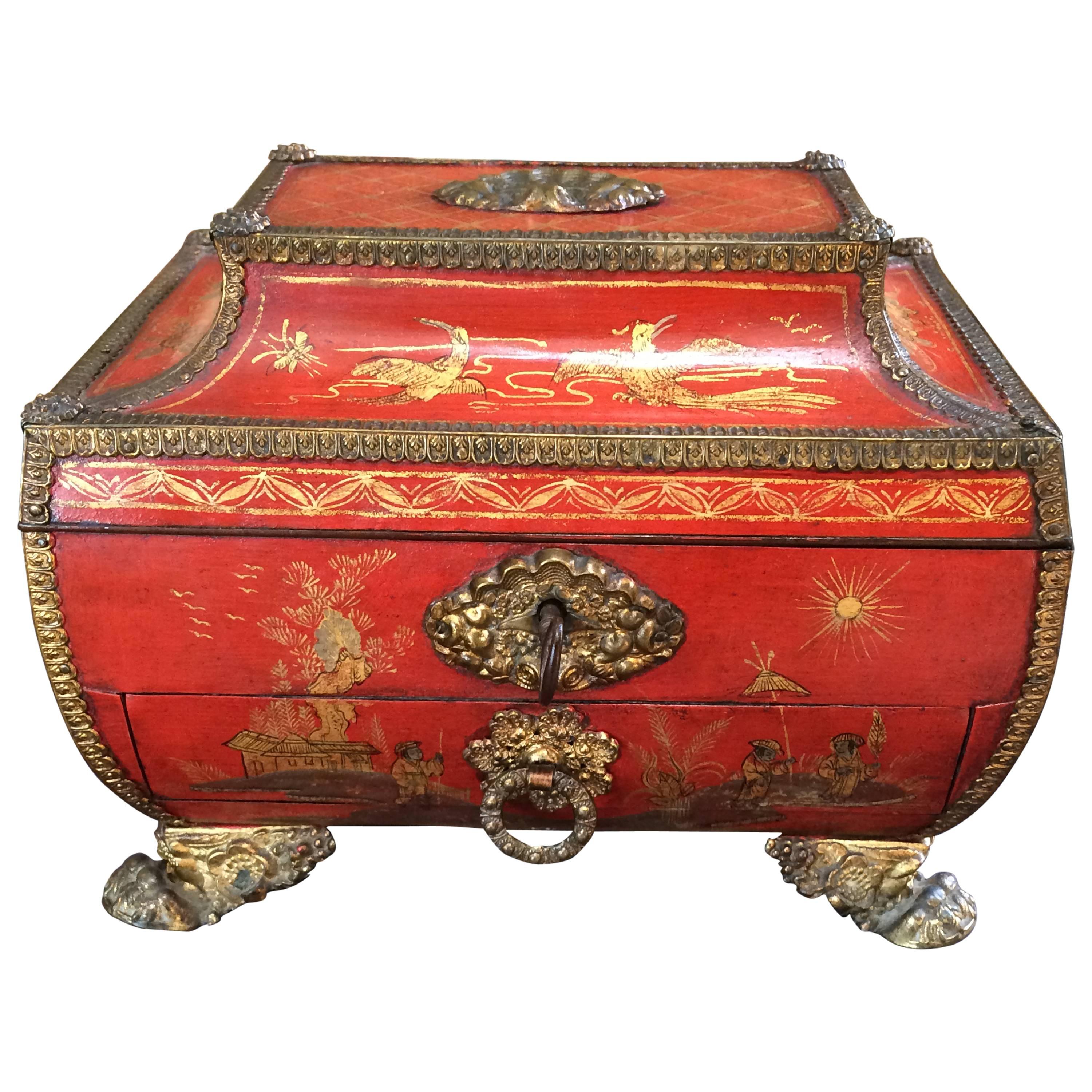 Charming Small Red Lacquered Chinoiserie Sewing Box, 19th Century