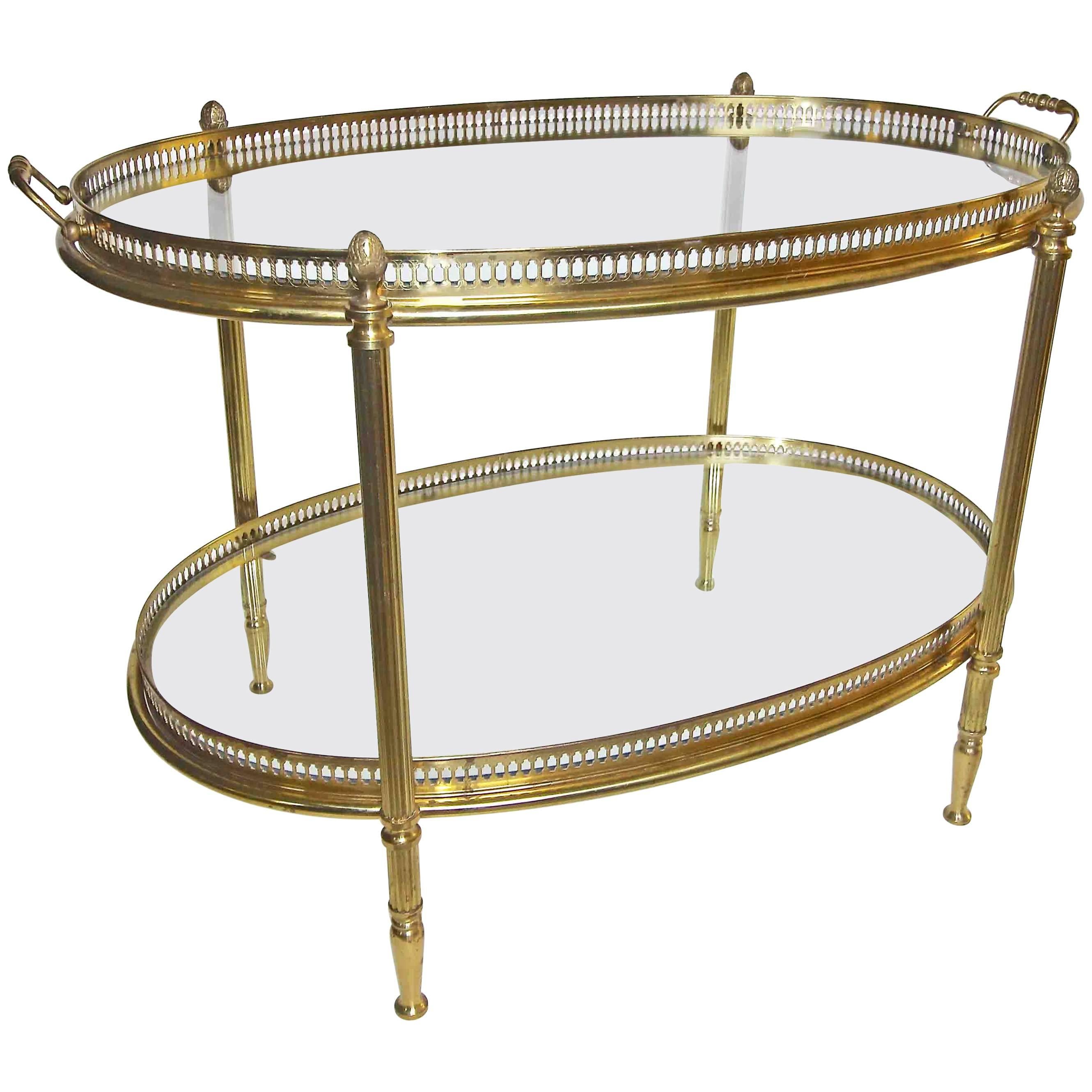 French Brass Oval Two Tier Side Table with Removable Tray For Sale