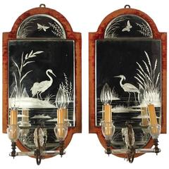 Antique Pair of Etched Crystal and Brass Mirrored Wall Sconces, circa 1920