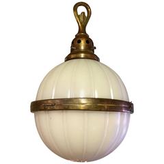 Industrial Ribbed Milk Glass and Brass Library Globe Pendant Light