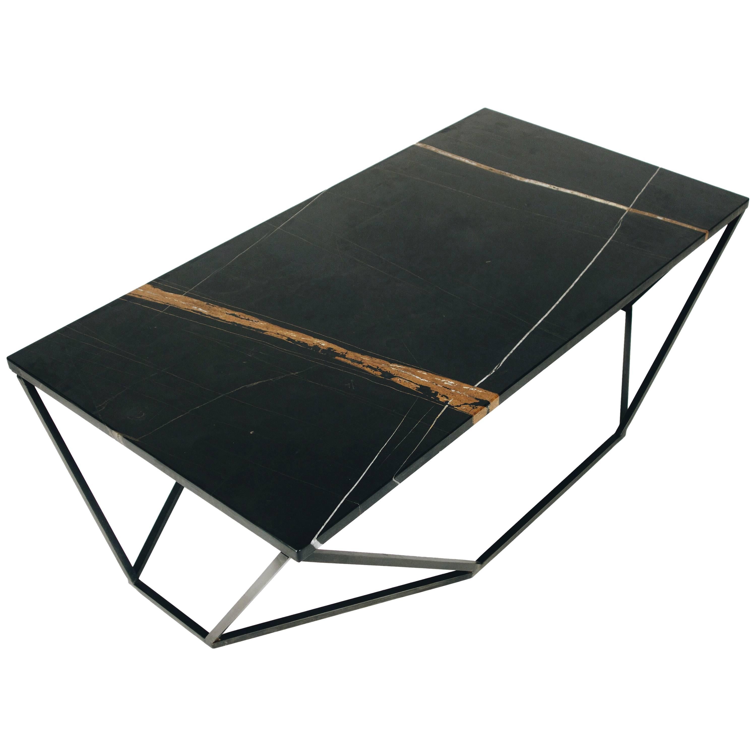 Dusk Coffee Table, Large in Hand Carved Black Marble and Blackened Steel