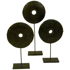 Set of Three Small Black Stone Coin Sculptures, Indonesia, Contemporary