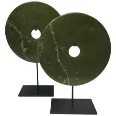 Pair of Graduating Museum-Mounted Jade Bi Discs