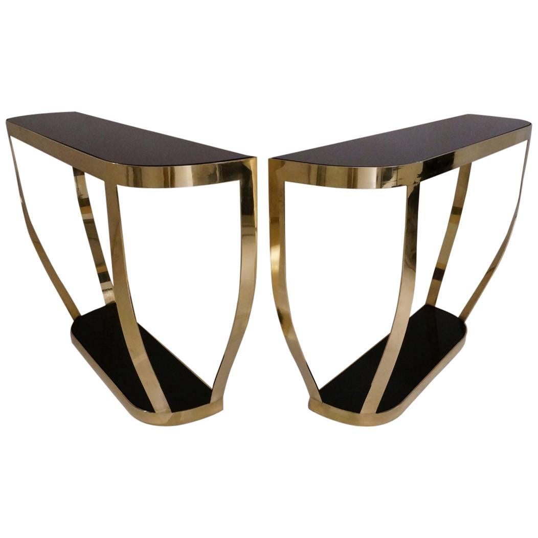 Pair of Console Tables, Solid Brass with Black Glass and Shelf, Italian