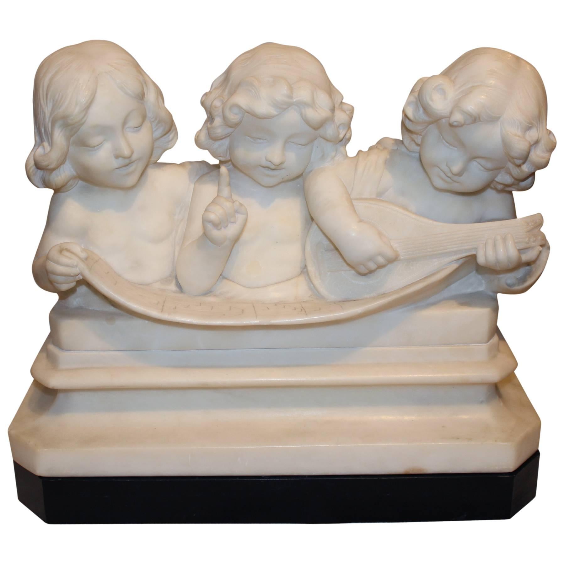 Adolfo Cipriani Carved Stone Musical Sculpture of Three Children Singing