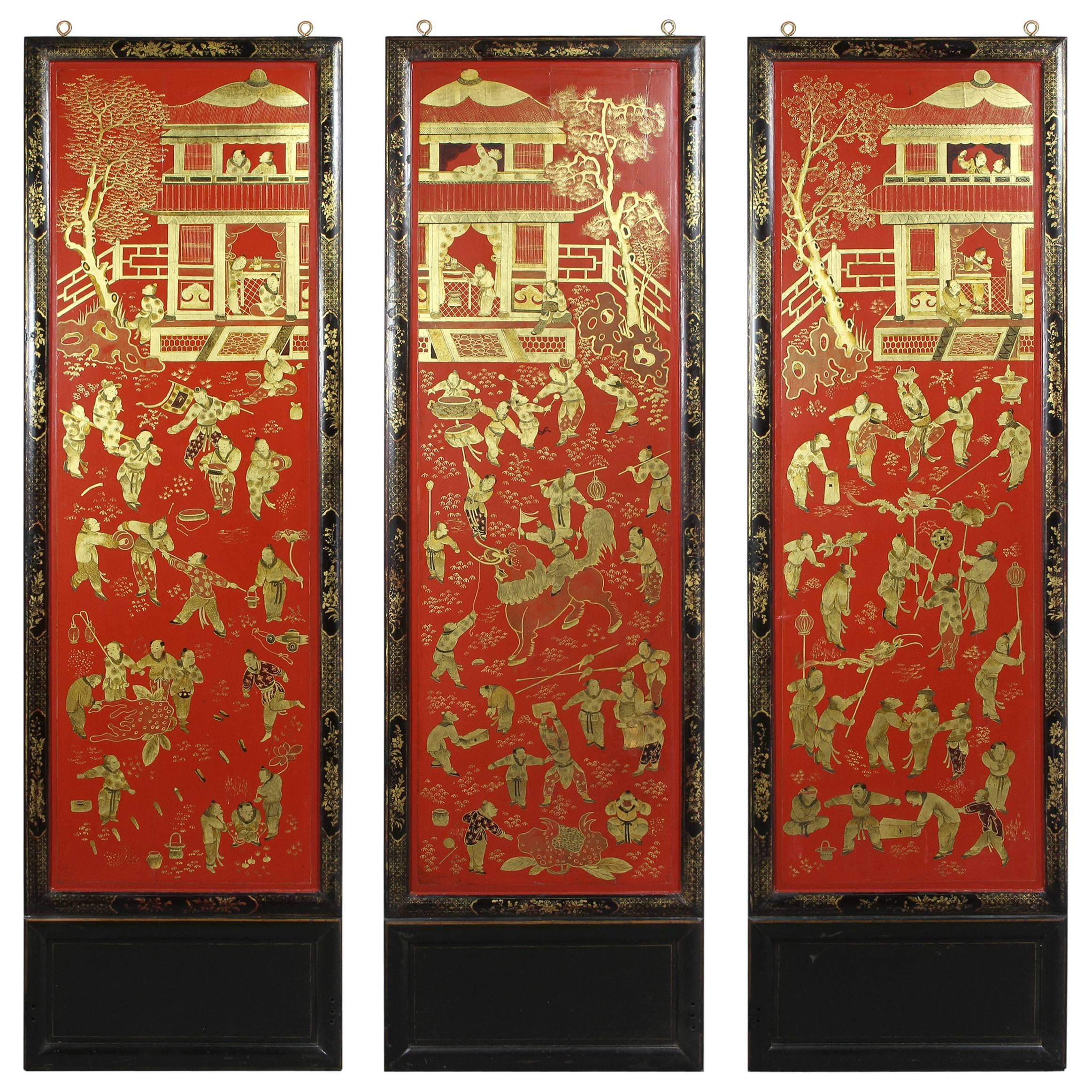 Three Chinese Export Red Lacquered Panels