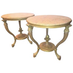 Pair Grosfeld House Marble-Top Centre End Tables Curved Leg Pinapple Finial Base