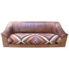 20th Century Leather Sofa with Kilim Rug Seat