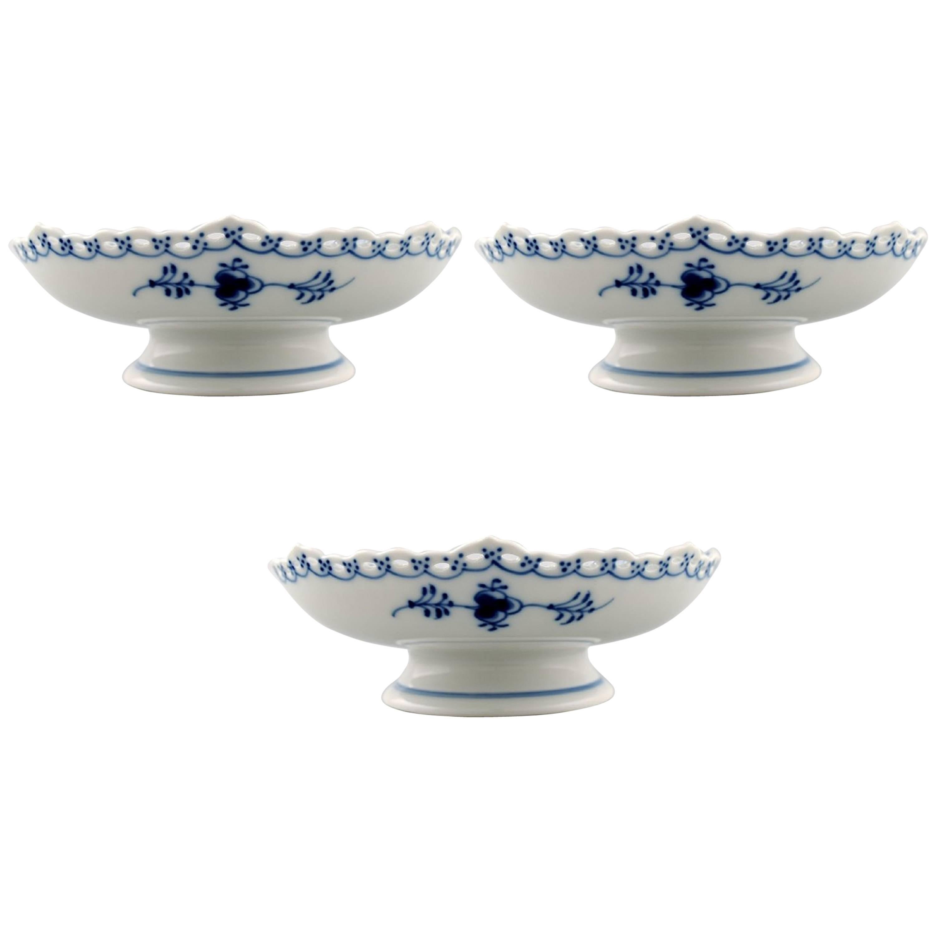 Three Bowls Royal Copenhagen Blue Fluted Full Lace, Low Bowl on Foot