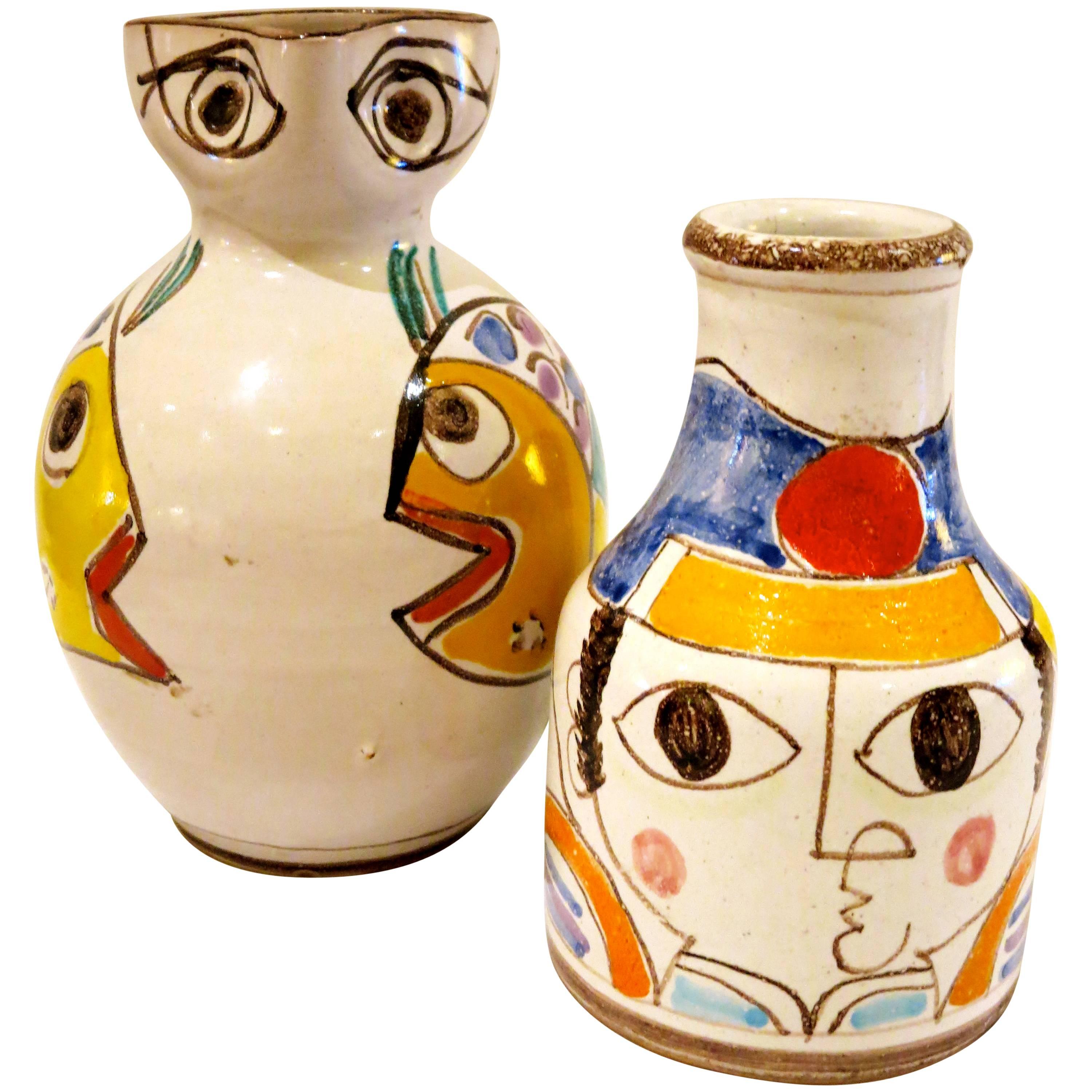 Pair of Ceramic Hand-Painted Vase and Pitcher by DeSimone, Italy