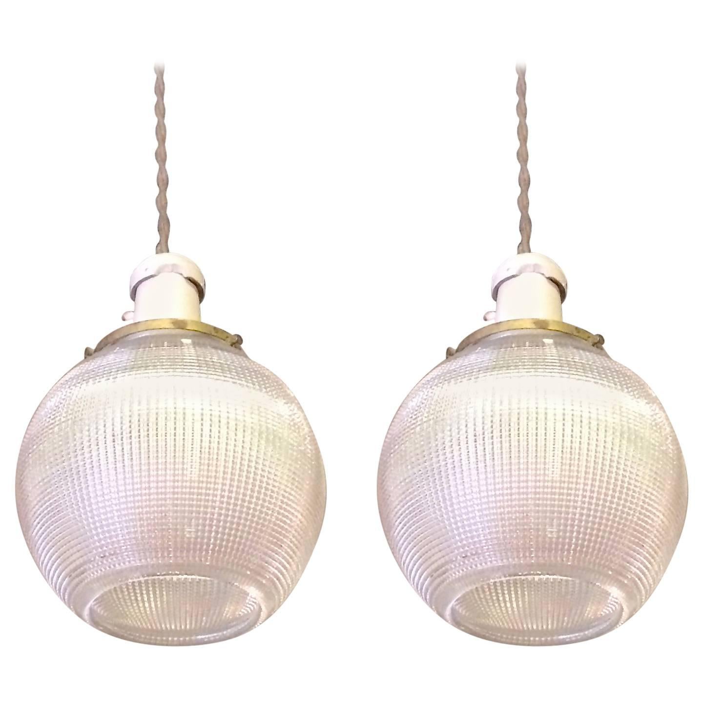 Pair of Holophane Glass Open Globe Pendant Lights
