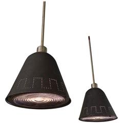 Pair of Mid-Century Perforated Aluminum Cone Pendant Lights by Lightolier