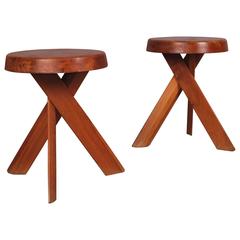 Pierre Chapo S31 Pair of Stools, circa 1960 with Beautiful Tripod Twisted Legs