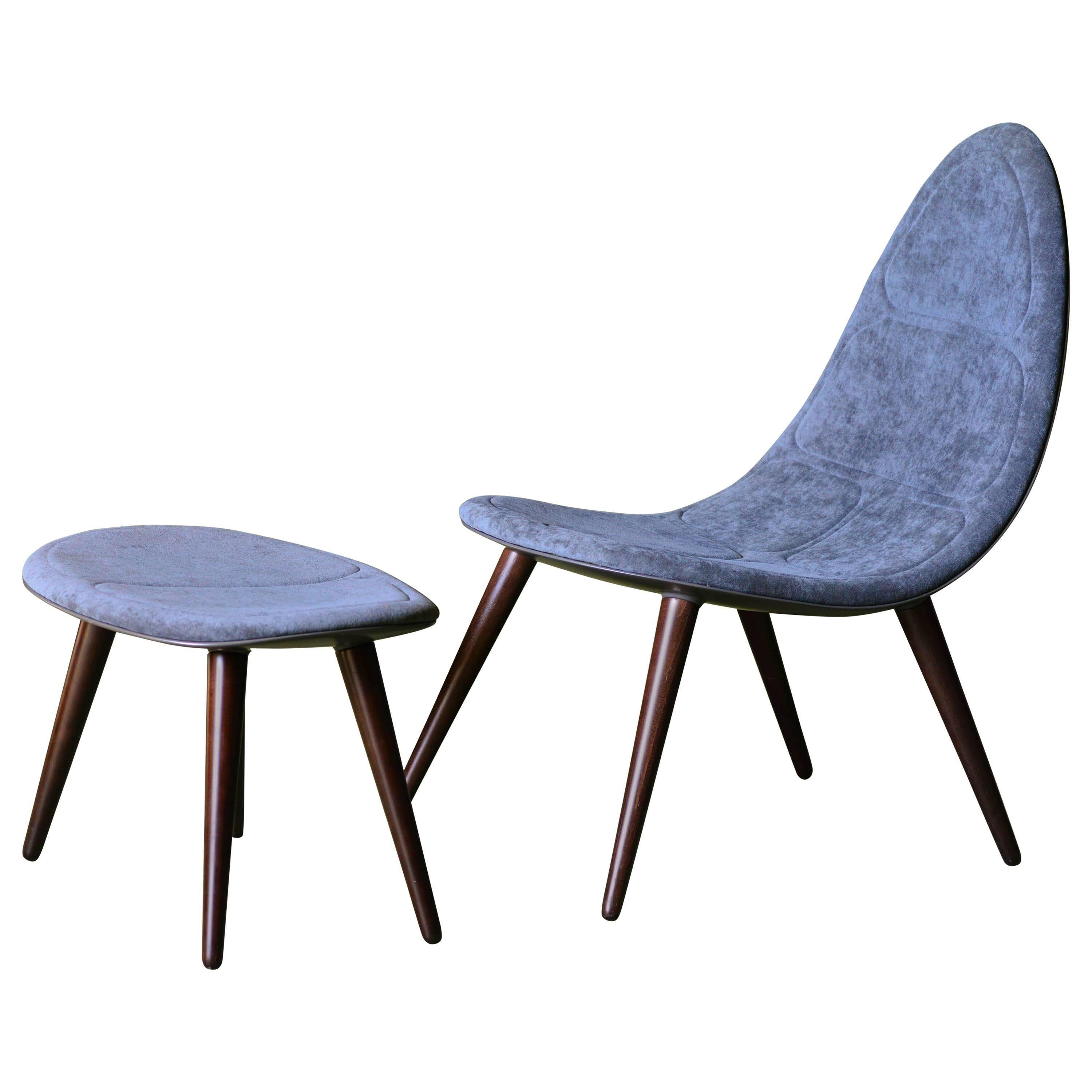 Modern French Fibre/Resin Futuristic Slim-Lined Velvet Lounge Chair, Ottoman