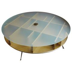 Retro Mid-Century Italian Round Coffee Table with Frosted Glass Top & Brass Detailing