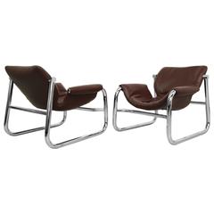 Pair of Chrome and Leather Alpha Lounge Chairs by Maurice Burke for Pozza