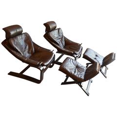 2 Mid-Century Kroken Leather Chairs & Ottomans by Ake Fribytter for Nelo Mobler