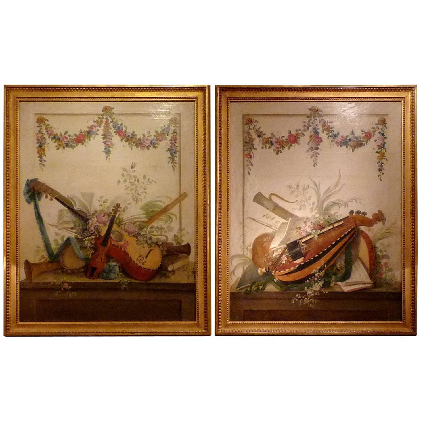 Pair of Louis XVI Period Paintings Le Riche Musical Instruments Trophies For Sale