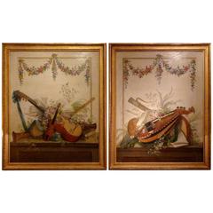 Pair of Louis XVI Period Paintings Le Riche Musical Instruments Trophies