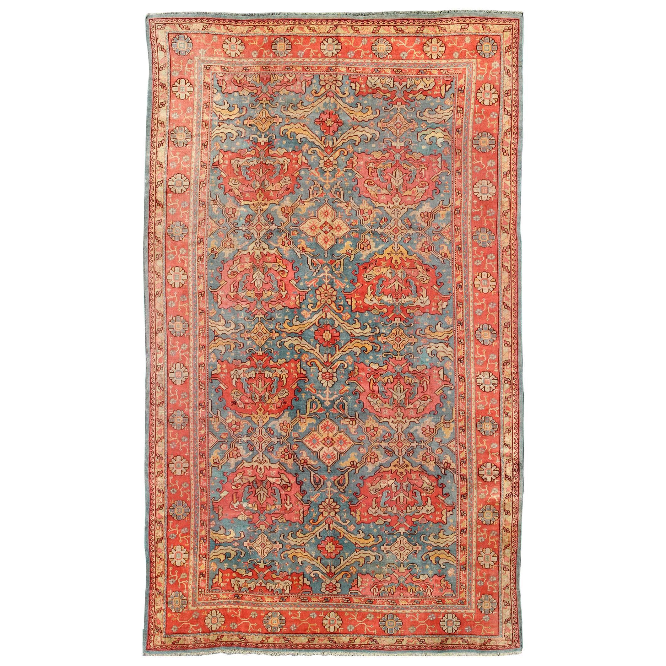 Antique Colorful Turkish Oushak Rug with Teal Color For Sale