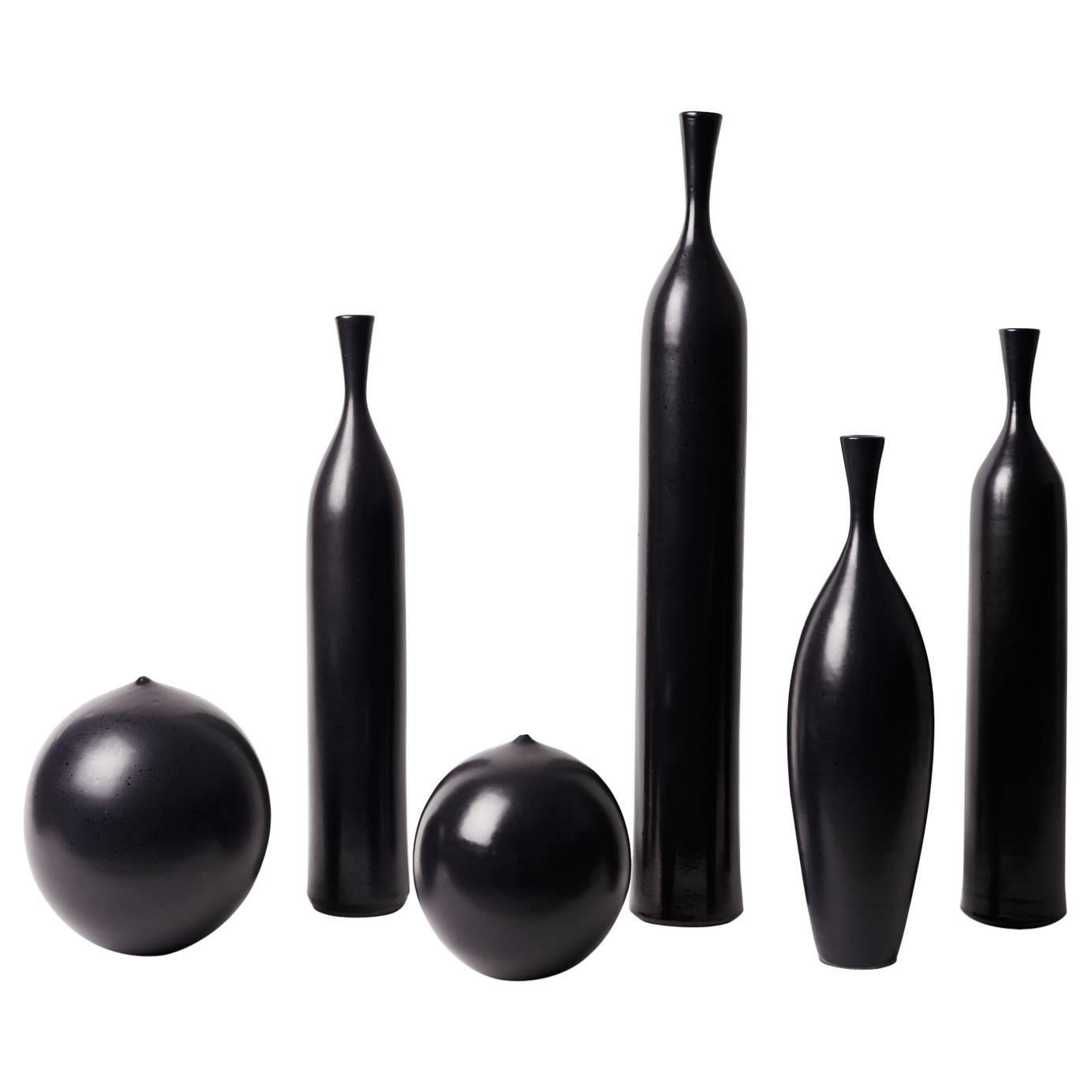 Set of Six Black Ceramic Vases Signed by J.Bro