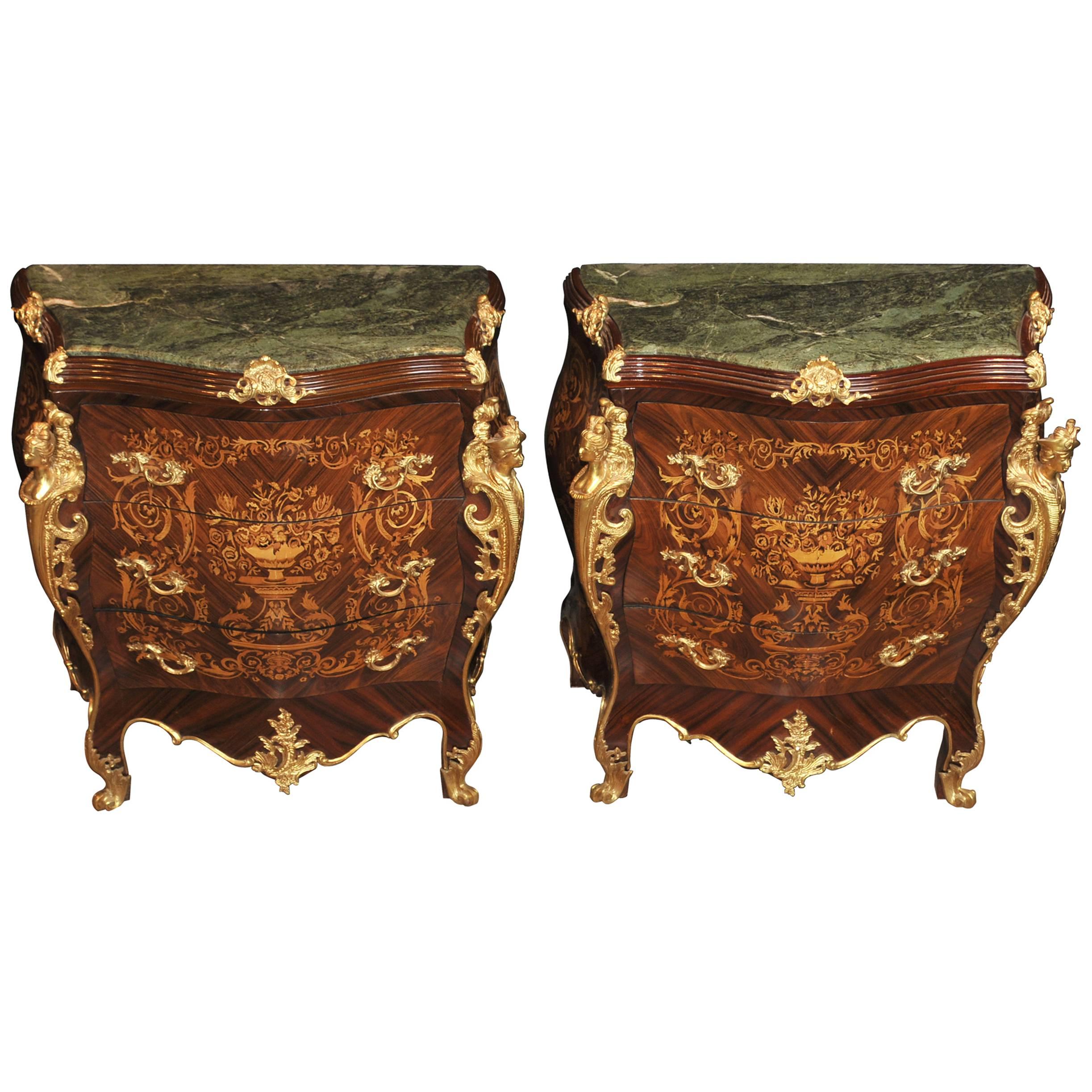 Pair of Louis XVI Bombe Commodes Chests of Drawers Marquetry Inlay
