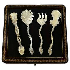 Debain French All Sterling Silver 18-Karat Gold Dessert Set Asymmetrical Rococo