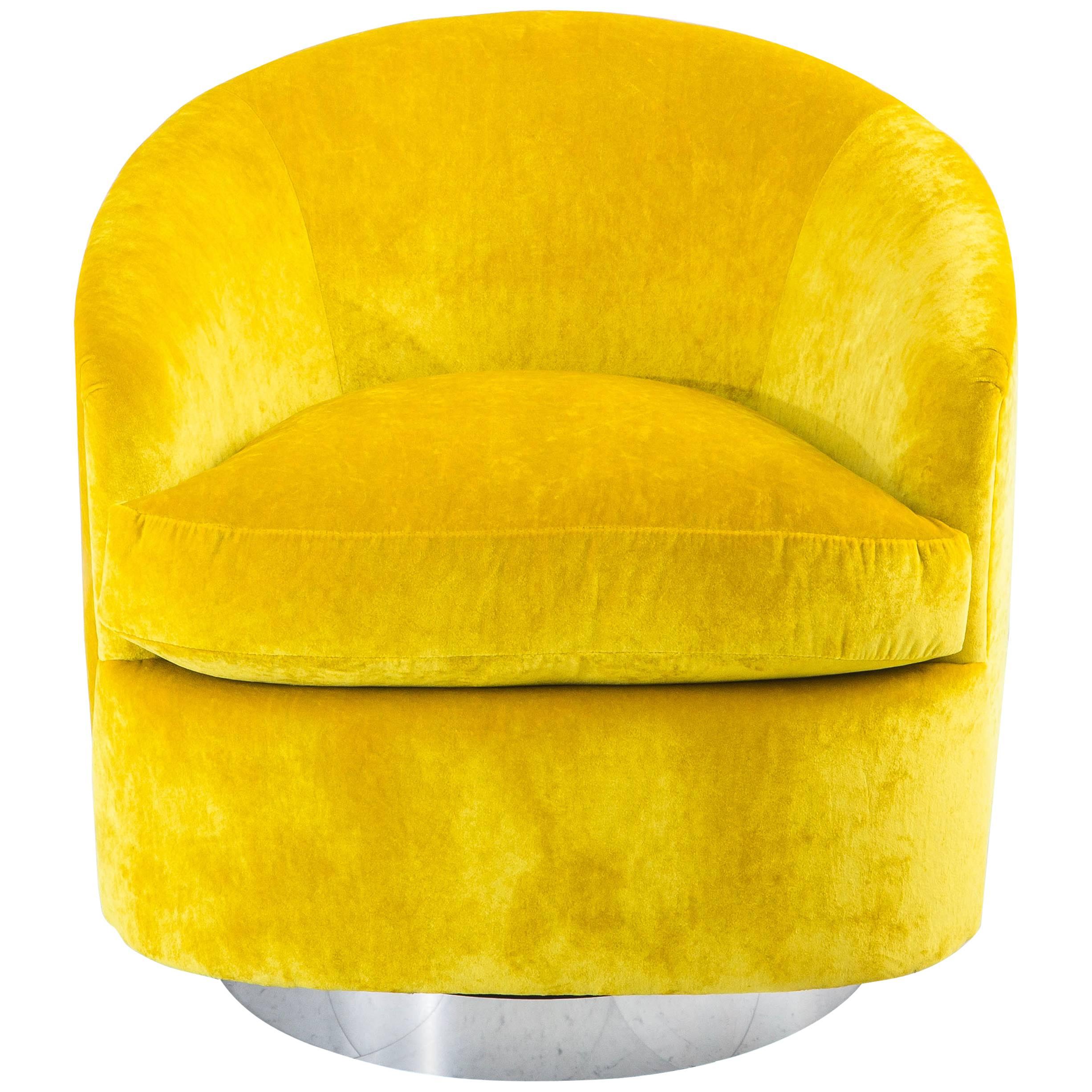 Milo Baughman, Yellow Velvet Swivel Chair, USA, 1970s