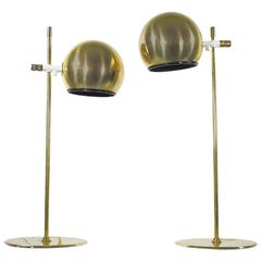 Vintage Pair of Swedish Mid-Century Modern Round Brass Table Lamps