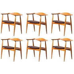 Rare Hans J. Wegner CH35 Set of Six Oak Leather Chairs Carl Hansen & Son