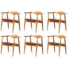 Rare Hans J. Wegner CH35 Set of Six Oak Leather Chairs Carl Hansen & Son