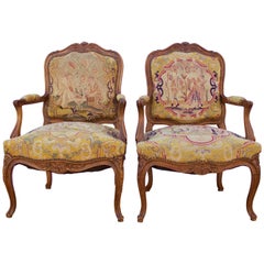 Antique Pair of 19th Century French Louis XV Style Fauteuils with Needle Point Tapestry