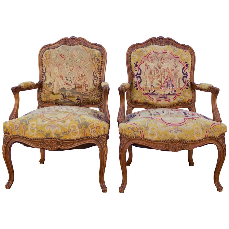 Pair of 19th Century French Louis XV Style Fauteuils with Needle Point ...