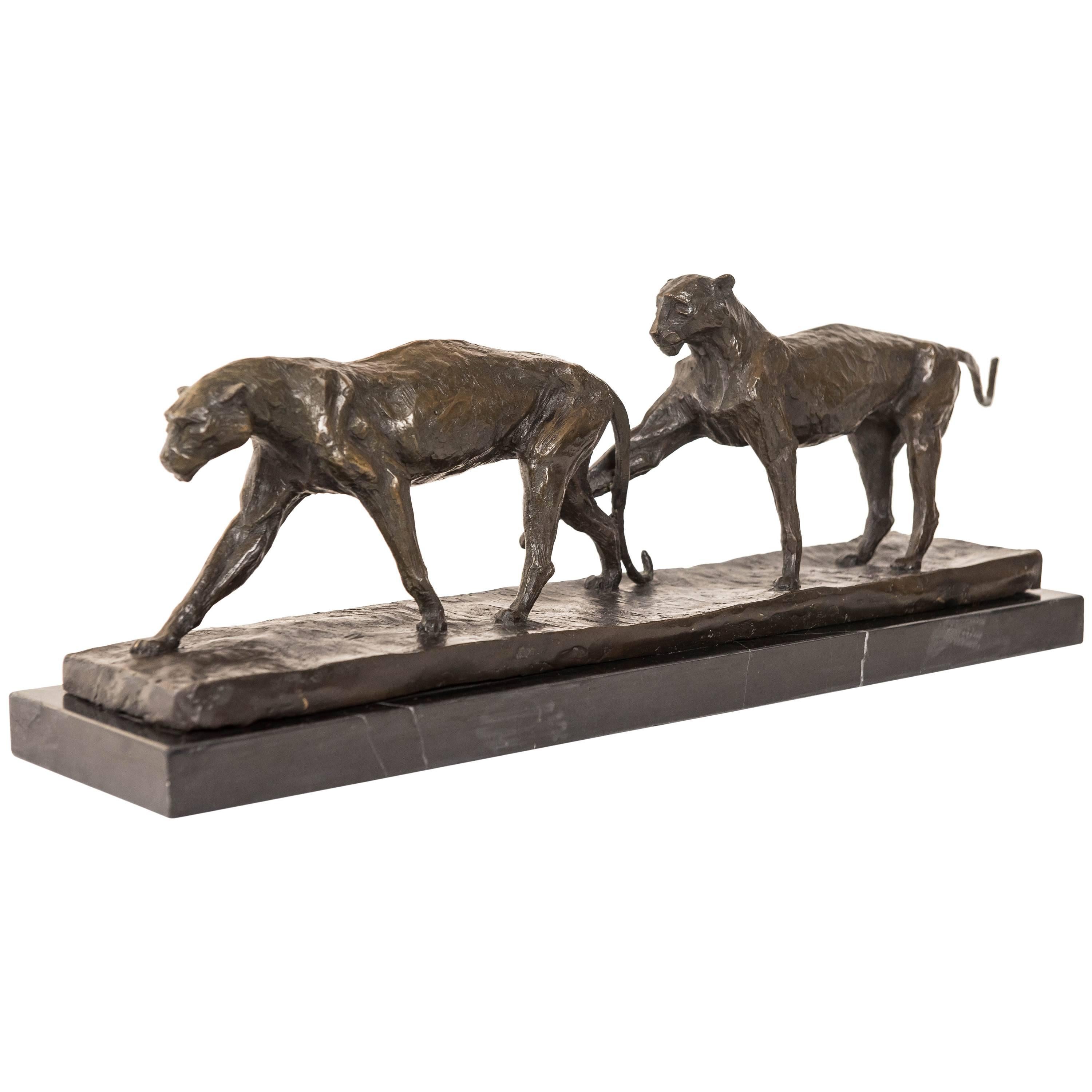 Pair of Bronze Panthers Sculpture For Sale