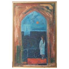 French Oil on Canvas Lady on Balcony Looking at Eiffel Tower
