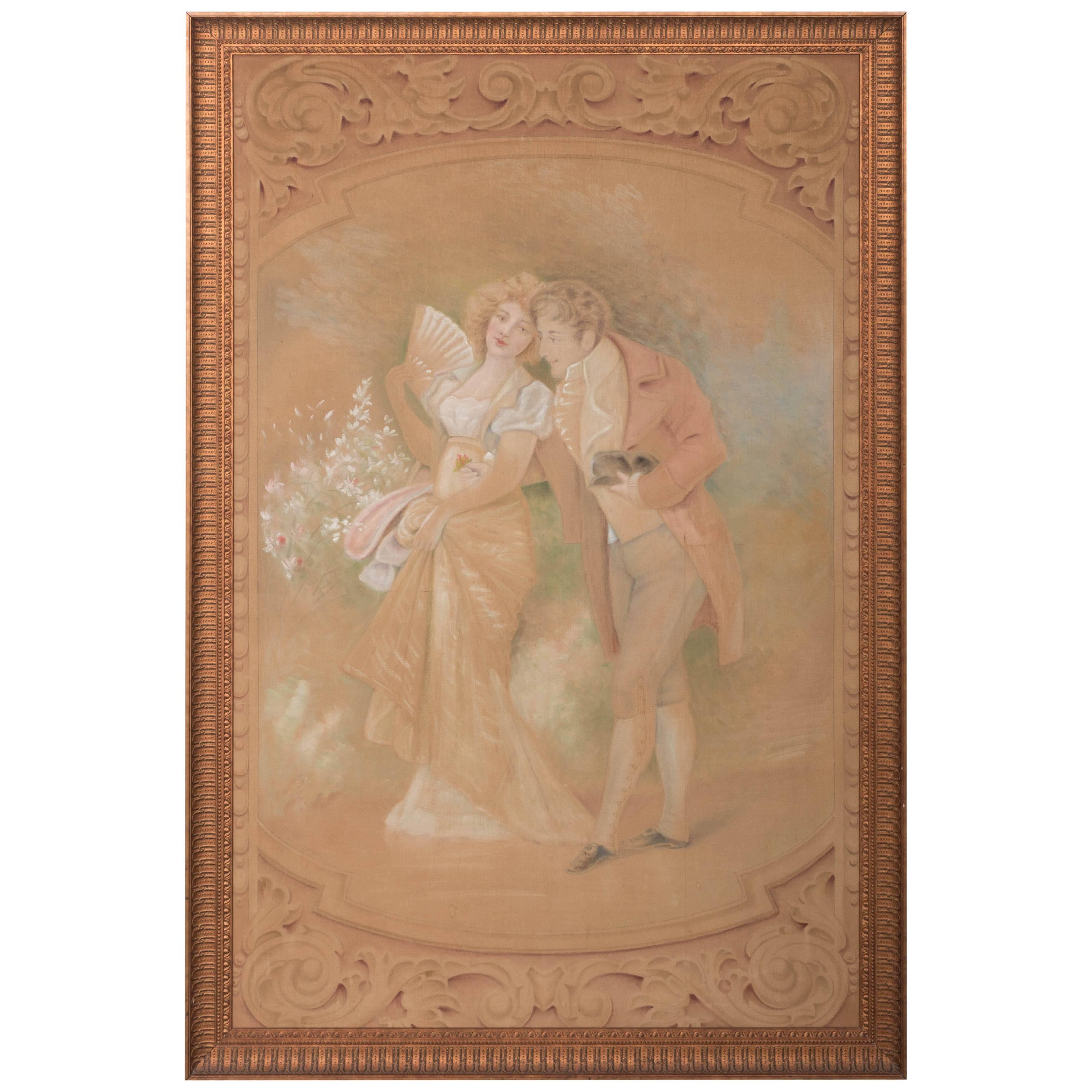 Amorous Couple, Gouache on Linen Canvas For Sale