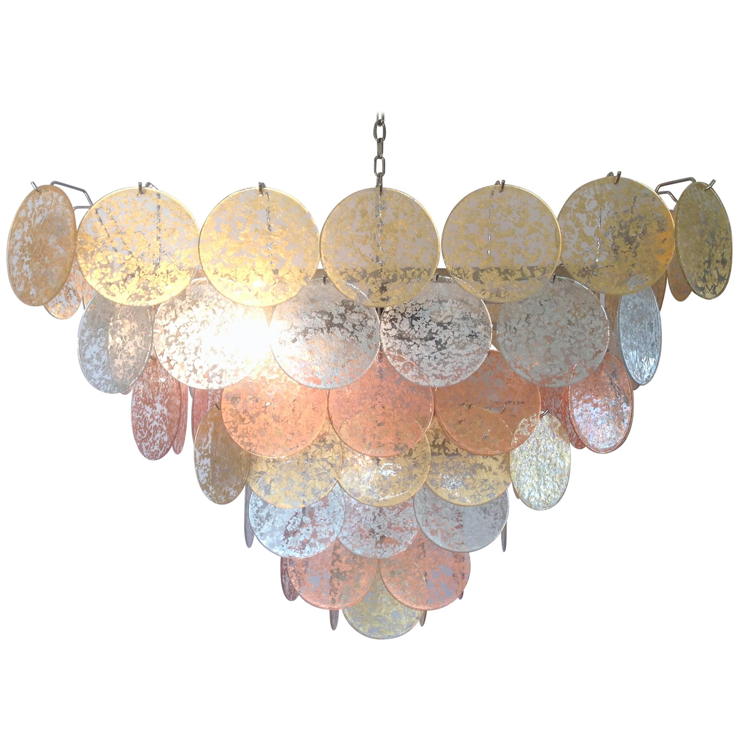 Square Gold, Silver and Copper Disc Large Chandelier For Sale
