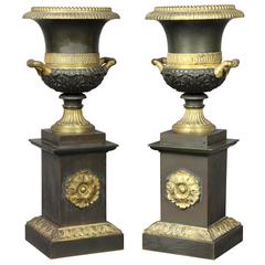 Pair of French Empire Bronze and Ormolu Mantle Urns