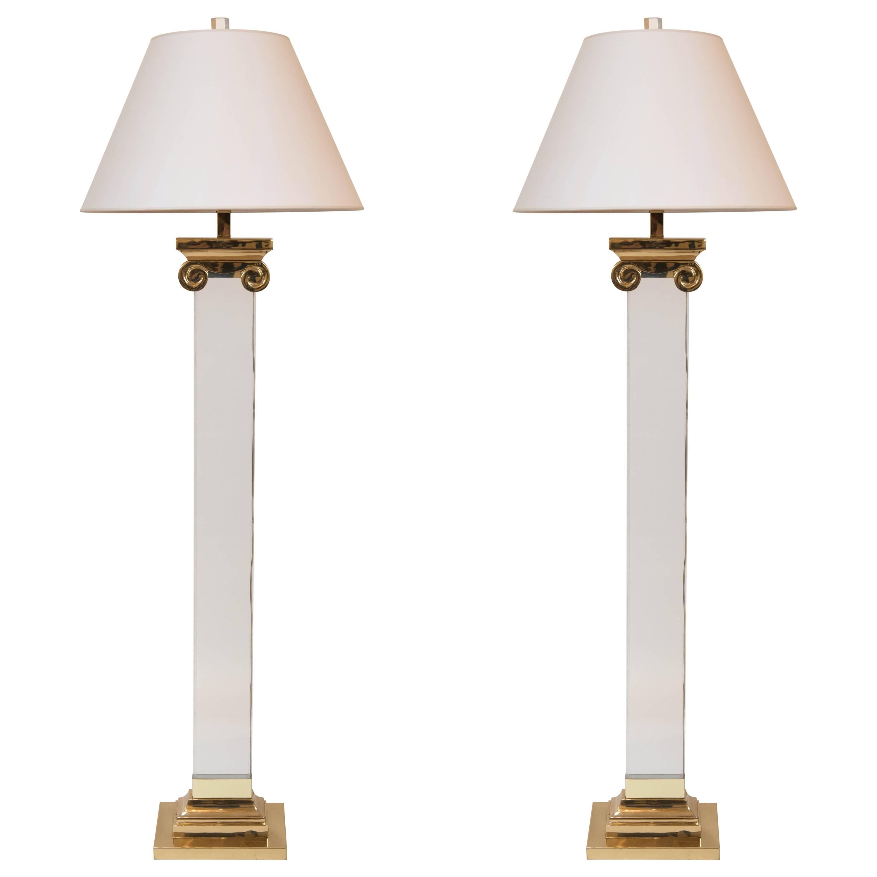 Pair of Acrylic and Brass Neoclassical Column Floor Lamps