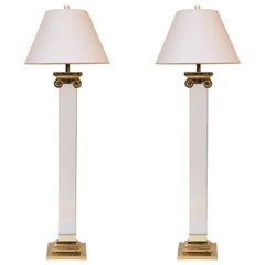 Pair of Acrylic and Brass Neoclassical Column Floor Lamps