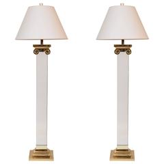 Pair of Acrylic and Brass Neoclassical Column Floor Lamps 7