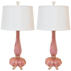 Pair of Pink/ Gold Murano Lamps Attributed to Barovier e Tosso