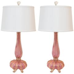 Pair of Pink/ Gold Murano Lamps Attributed to Barovier e Tosso