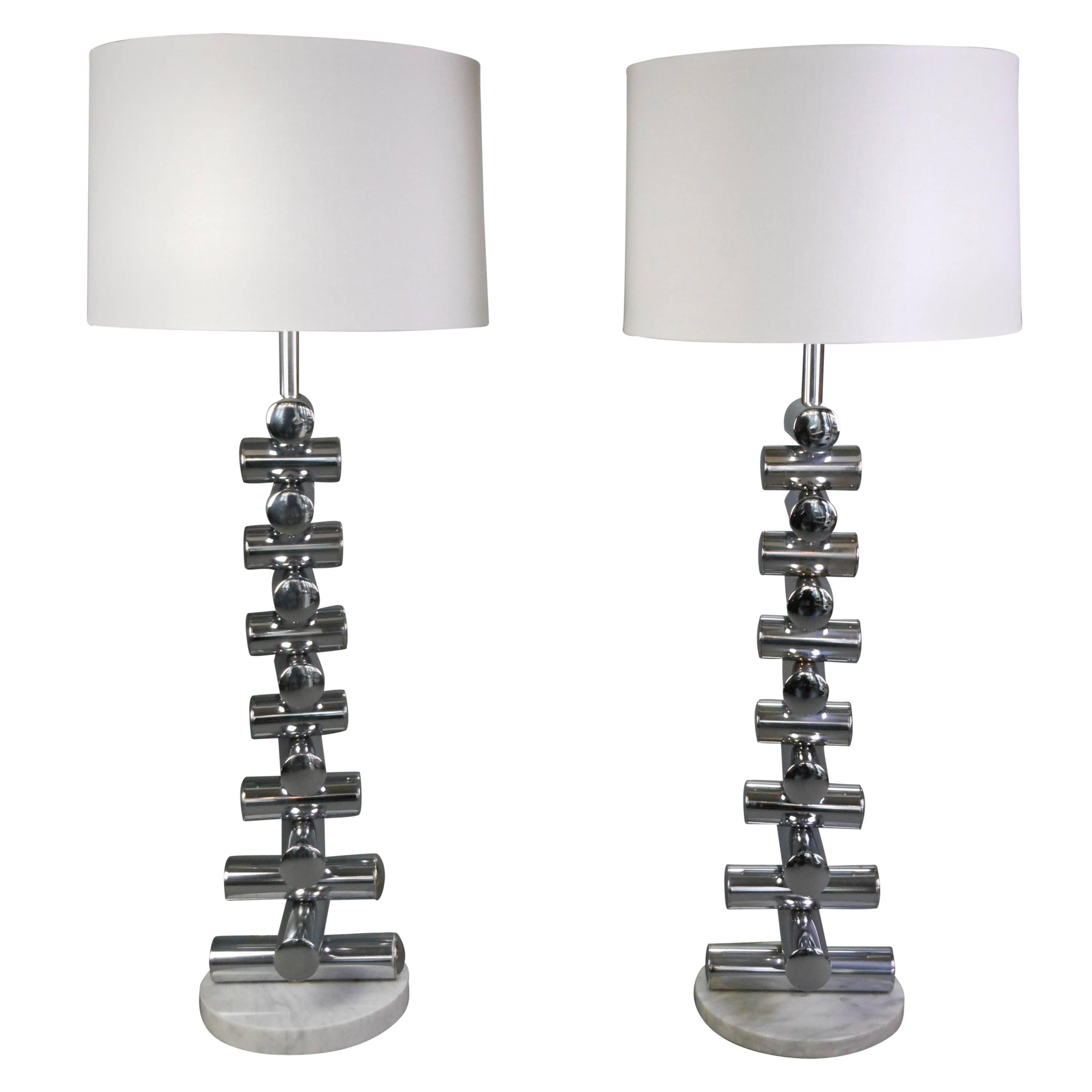 A Matched Pair of Italian Steel and Marble Floor Lamps For Sale